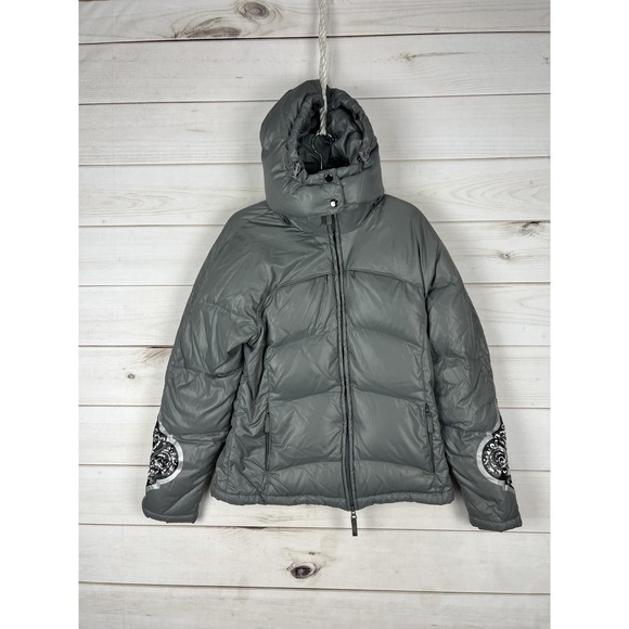 Athleta Jackets & Blazers - Athleta Down Puffer Jacket Womens Medium Gray Removable Hood Print Ski Outdoor